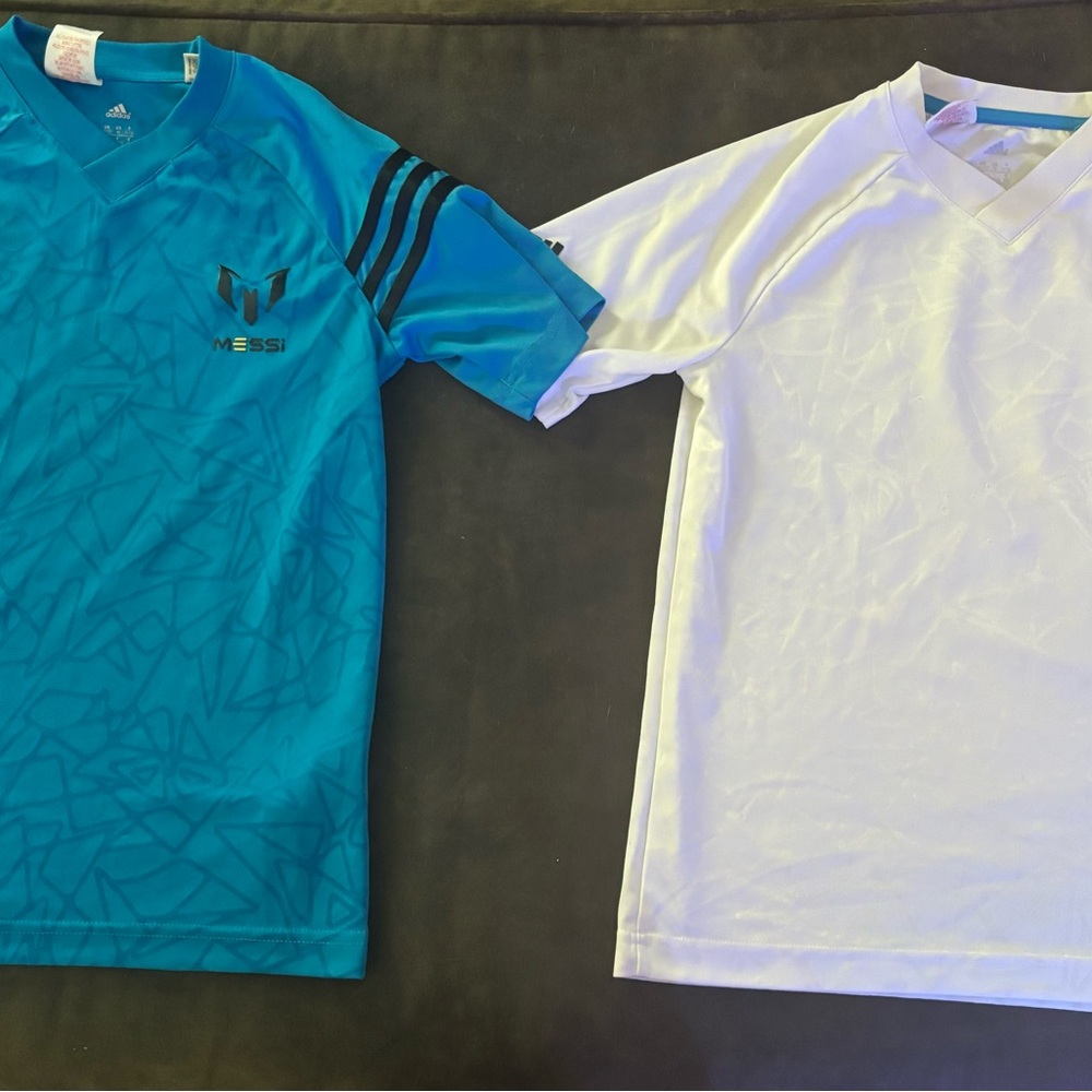 2 Adidas Kids Messi Blue and White T-Shirts. Size 11-12